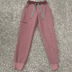 Figs Mauve Pink Jogger Scrub Pants with Green Drawstring